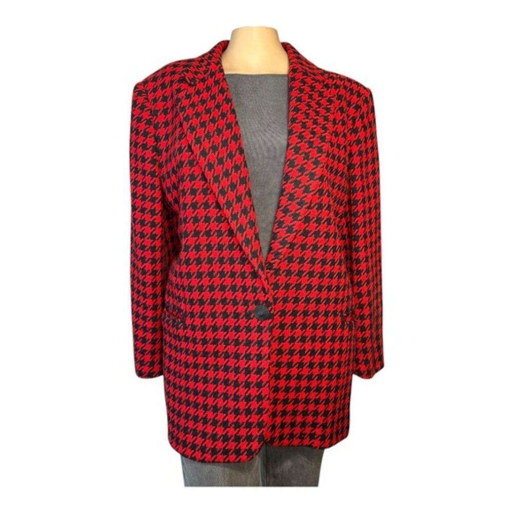 Jacqueline Ferrar Vintage Red & Black Houndstooth Blazer Women’s Size 10